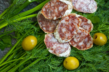 delicious sausage, olives, dill background
