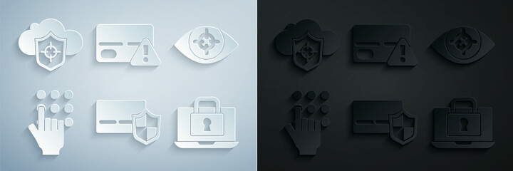 Set Credit card with shield, Eye scan, Password protection, Laptop and lock, and Cloud icon. Vector
