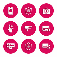 Set Security camera, System bug, Credit card with shield, Password protection, Laptop and lock and Smartphone icon. Vector