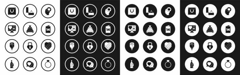 Set Head with heart, Wedding cake, Dating app online, Shopping bag, Greeting card, Diamond engagement ring, Candy shaped box and Flower rose icon. Vector