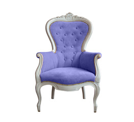 Isolated very peri armchair with white wooden elements. Vintage glamorous purple armchair. Chair for the princess. Violet chair
