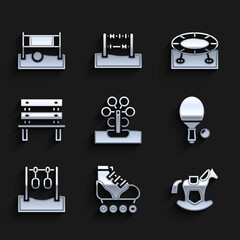 Set Ferris wheel, Roller skate, Horse in saddle swing, Racket and ball, Gymnastic rings, Bench, Jumping trampoline and Volleyball net with icon. Vector