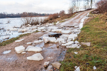 Close up view of ice drift on the frozen river. Melting ice. Flooded road. Concept of spring floods