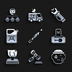 Set Marijuana joint, Judge gavel, Bandit, Grave with tombstone, Kidnaping, Canister fuel, Police electric shocker and Mafia icon. Vector