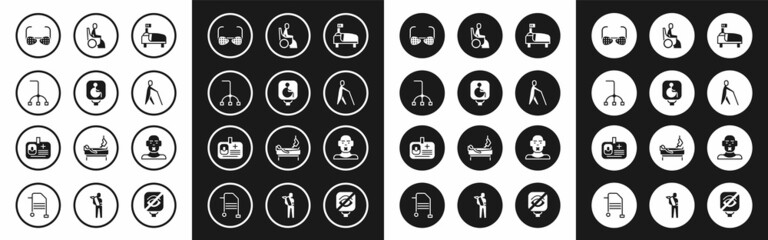 Set Hospital bed, Disabled wheelchair, Walking stick cane, Blind glasses, human holding, Woman, Head of deaf and dumb and Identification badge icon. Vector