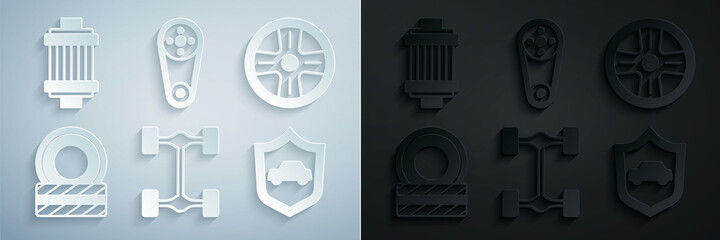 Set Chassis car, Alloy wheel, Car tire, with shield, Timing belt kit and air filter icon. Vector