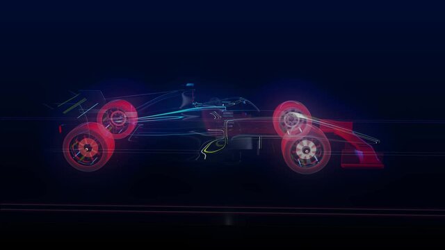 Formula 1 car outline driving fast on an infinite road. Racing car animation with glowing clear interior. Holographic animation of Formula 1 car