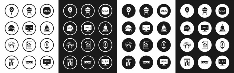 Set USA Independence day, Vote, Balloons, White House, Barbecue grill, American Football ball and Indian headdress with feathers icon. Vector