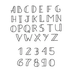 Hand drawn alphabet and numbers in doodle style isolated