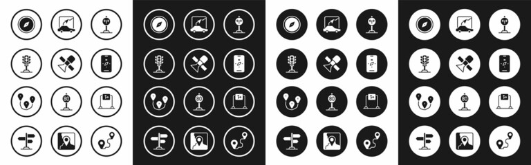 Fototapeta premium Set Fork in the road, Satellite, Traffic light, Compass, on mobile, City map navigation, Road traffic sign and Route location icon. Vector