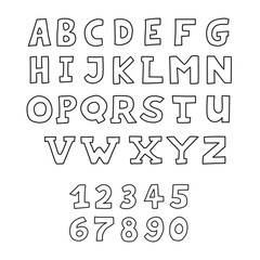 Hand drawn childish and cartoon alphabet and numbers in doodle style isolated