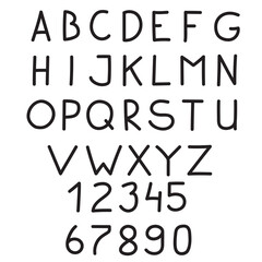 Hand drawn simple alphabet and numbers in doodle style isolated