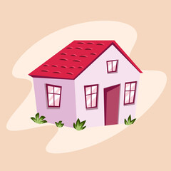 Small cozy one-storeyed country house with green grass and red roof. Vector architecture illustration in flat style.
