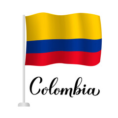 Colombia lettering with national flag isolated on white background. Vector template for typography poster, postcard, banner, flyer, sticker, t-shirt, etc