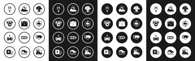 Set Electric car, Car battery, Eco nature leaf, plug, Low and icon. Vector