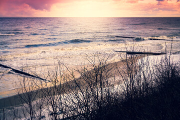 Groynes on a shore, Baltic Sea, Poland, winter time