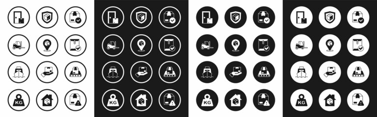 Set ackage box with check mark, Location cardboard, Forklift truck, Home delivery services, Envelope and, Delivery security shield, Conveyor belt and Cargo ship boxes icon. Vector