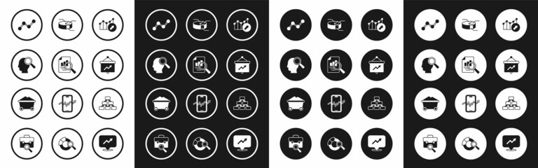 Set Financial growth, Document with graph chart, Search people, Graph infographic, Board, Pie, Hierarchy organogram and Coal mine trolley icon. Vector