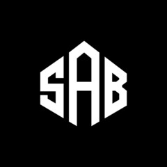 SAB letter logo design with polygon shape. SAB polygon and cube shape logo design. SAB hexagon vector logo template white and black colors. SAB monogram, business and real estate logo.