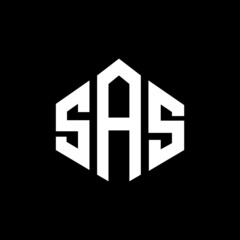 SAS letter logo design with polygon shape. SAS polygon and cube shape logo design. SAS hexagon vector logo template white and black colors. SAS monogram, business and real estate logo.