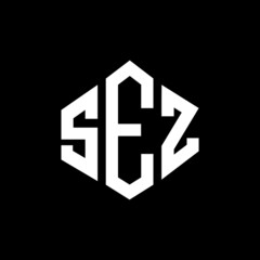 SEZ letter logo design with polygon shape. SEZ polygon and cube shape logo design. SEZ hexagon vector logo template white and black colors. SEZ monogram, business and real estate logo.
