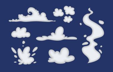 Clouds set isolated on a blue background. Simple cute cartoon design elements collection. Vector illustration.