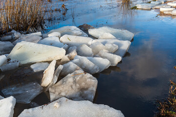 Close up view of ice drift on the frozen river. Melting ice. Flooded road. Concept of spring floods