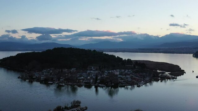 Aerial view of Ioannina city in Greece, Aslan Pasha Tzami, the lake with the island of Kyra Frosini or nissaki.