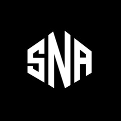 SNA letter logo design with polygon shape. SNA polygon and cube shape logo design. SNA hexagon vector logo template white and black colors. SNA monogram, business and real estate logo.