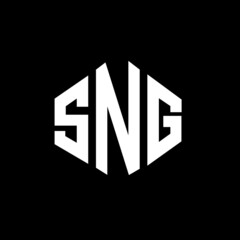 Obraz premium SNG letter logo design with polygon shape. SNG polygon and cube shape logo design. SNG hexagon vector logo template white and black colors. SNG monogram, business and real estate logo.