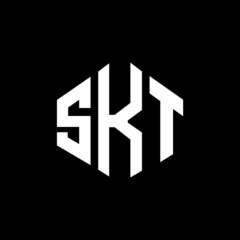 SKT letter logo design with polygon shape. SKT polygon and cube shape logo design. SKT hexagon vector logo template white and black colors. SKT monogram, business and real estate logo.