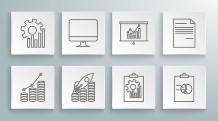 Set line Pie chart infographic and coin, Computer monitor screen, Rocket flying up coins growth, Clipboard with, Board, Document and icon. Vector