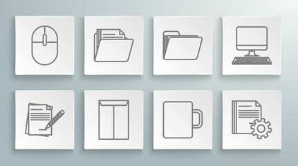 Set line Blank notebook and pencil with eraser, Document folder, Envelope, Coffee cup, settings gears, Computer monitor keyboard and mouse icon. Vector