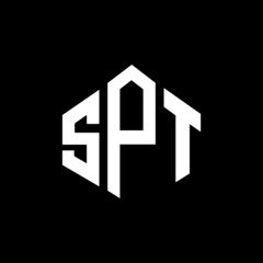 SPT letter logo design with polygon shape. SPT polygon and cube shape logo design. SPT hexagon vector logo template white and black colors. SPT monogram, business and real estate logo.
