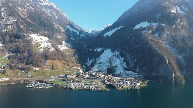 Amazing footage of a beautiful winter wonderland in the alps of Switzerland. Wonderful flight with a drone over a snow-covered landscape in the canton of Lucerne. Beautiful areal flight.