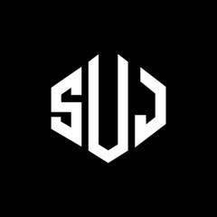 SUJ letter logo design with polygon shape. SUJ polygon and cube shape logo design. SUJ hexagon vector logo template white and black colors. SUJ monogram, business and real estate logo.