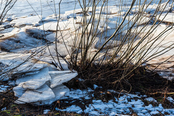 Close up view of ice drift on the frozen river. Melting ice. Pieces of ice have formed near the bushes. Concept of spring floods