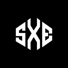 SXE letter logo design with polygon shape. SXE polygon and cube shape logo design. SXE hexagon vector logo template white and black colors. SXE monogram, business and real estate logo.