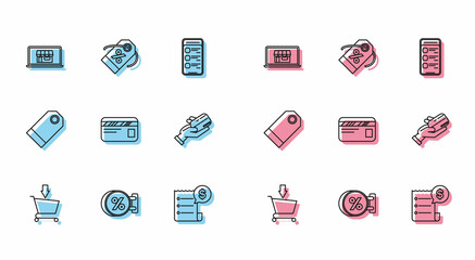 Set line Add to Shopping cart, building screen laptop, Paper check and financial check, Credit card, Human hand holding credit, Blank label template price tag and Discount icon. Vector