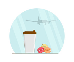 Macaroons with coffee on the background of a window with a silhouette of an airplane, vector illustration in a flat style