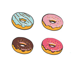 Donuts set isolated on a white background. Cute, colorful and glossy donuts with glaze and powder. Yellow, pink and vanilla glaze. Simple modern design. Realistic vector illustration