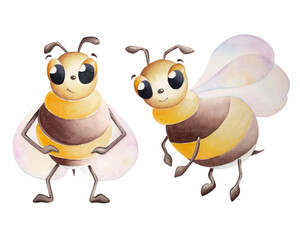 Watercolor Bee characters. Cartoon insect bumblebee illustration. Isolated on white background. 