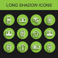 Set line Smart watch with house under protection, House temperature, Mobile phone smart home wi-fi, and alarm, Laptop and icon. Vector