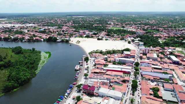 Preguica River seen from above near Barreirinhas, Lencois Maranhenses, Maranhao, Brazil. 4K.