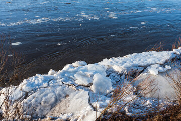 Close up view of ice drift on the frozen river. Melting ice. Concept of spring floods