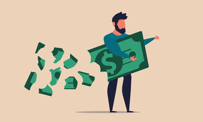 Money lose and loss business investment. Lost debt and economic failure low vector illustration concept. Depressed and problem finance with unhappy man. Bad profit and risk bankruptcy dollar sale - obrazy, fototapety, plakaty