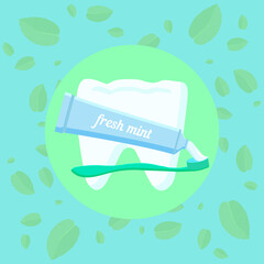 Healthy white tooth, mint leaves in the background, toothpaste being applied to the toothbrush. Vector illustration of world dentist day. To design an advertising poster for dental centers