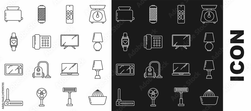 Sticker Set line Citrus fruit juicer, Table lamp, Remote control, Telephone, Smart watch showing heart beat rate, Toaster with toasts and Tv icon. Vector