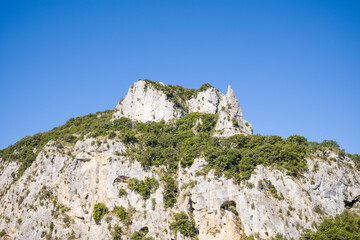The Gorges de lArdeche and their stone summit in Europe, France, Ardeche, in summer, on a sunny day.