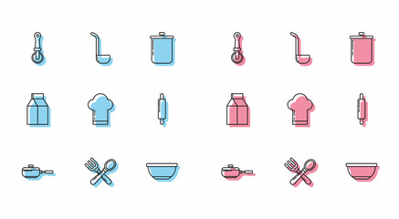 Set line Frying pan, Crossed fork and spoon, Pizza knife, Bowl, Chef hat, Rolling pin, Paper package milk and Kitchen ladle icon. Vector